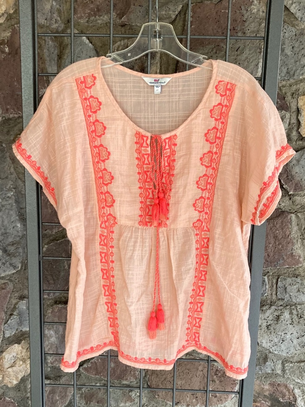 Vineyard Vines Double Tassel Boho Embroidered Top Size L